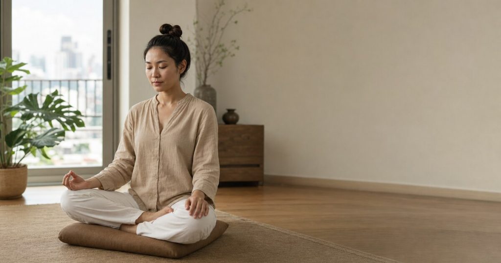 ผู้หญิงไทยนั่งสมาธิและใช้นิ้วนับลมหายใจอย่างผ่อนคลายในห้องสว่าง