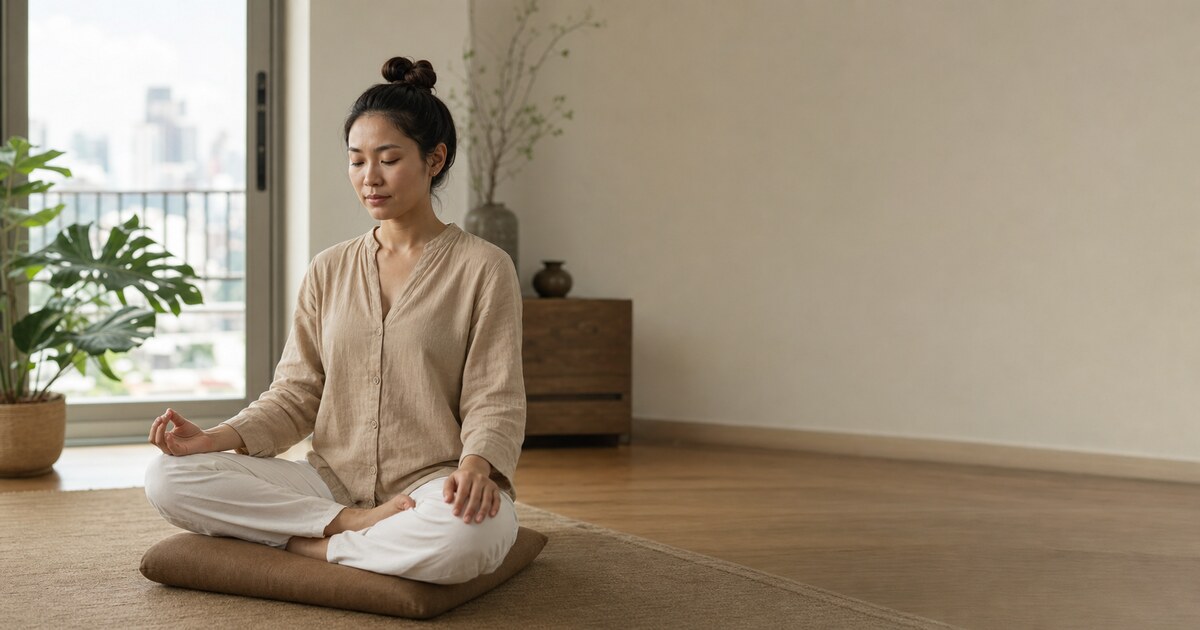 ผู้หญิงไทยนั่งสมาธิและใช้นิ้วนับลมหายใจอย่างผ่อนคลายในห้องสว่าง