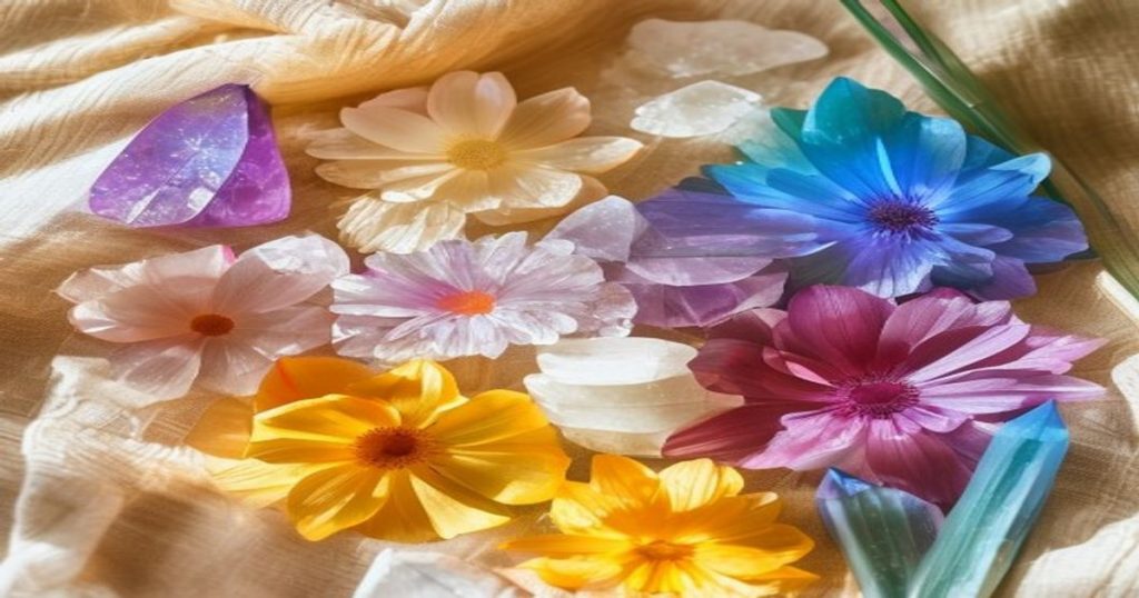 หินและดอกไม้ 7 สีเรียงไล่โทนสื่อถึงสีจักระทั้งเจ็ด