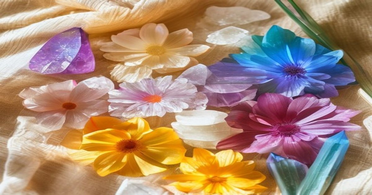 หินและดอกไม้ 7 สีเรียงไล่โทนสื่อถึงสีจักระทั้งเจ็ด