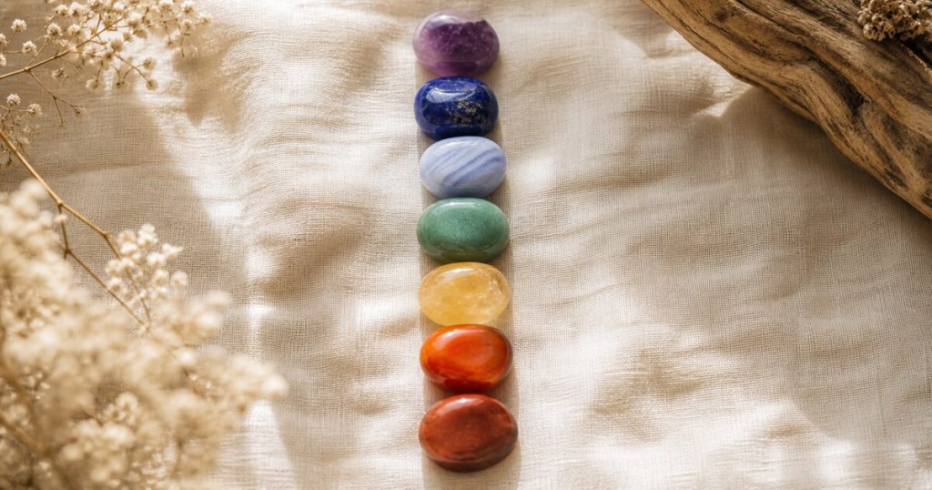 หินประจำจักระ 7 สีเรียงตามลำดับบนผ้าลินินครีม