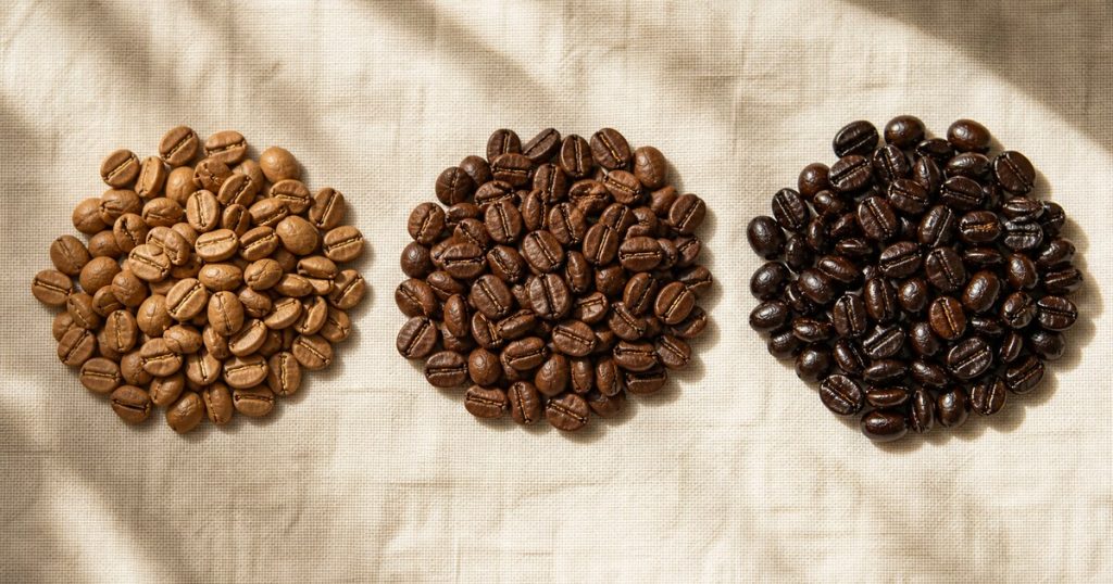 สามกองเมล็ดกาแฟเรียงกันแสดงระดับการคั่ว คั่วอ่อน คั่วกลาง และคั่วเข้ม