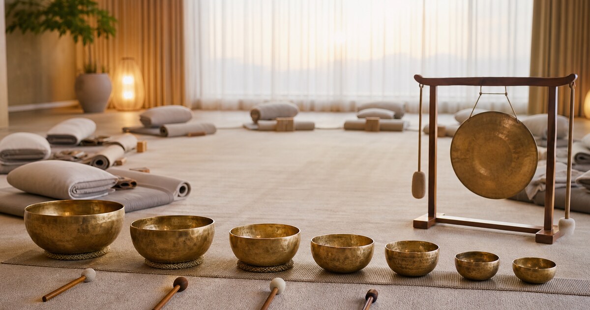 ขันทิเบตและฆ้องจัดเรียงในห้องสัมมนาสำหรับกิจกรรม Sound Healing ขององค์กร
