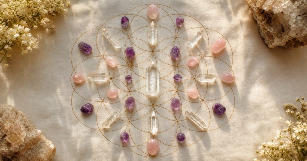 การจัดหินคริสตัลเป็นตาราง crystal grid บนผ้าลาย flower of life