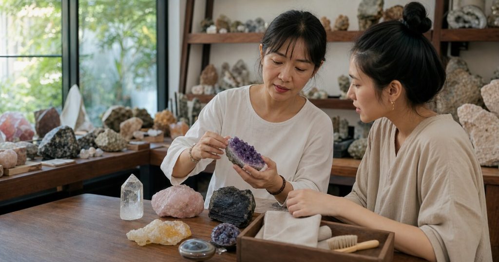 เจ้าของร้านแร่หญิงไทยแนะนำการเลือกและดูแลคริสตัลธรรมชาติให้ลูกค้า
