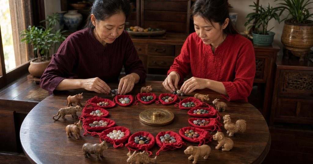 หญิงไทยเชื้อสายจีนสองคนจัดหินลงถุงสีแดงรอบสัญลักษณ์สัตว์นักษัตร
