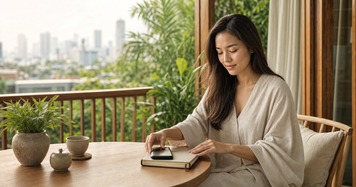 ผู้หญิงไทยหลับตาหายใจลึกอย่างสงบในพื้นที่ส่วนตัวโทนอุ่น สื่อถึงการปกป้องพลังใจจากความเหนื่อยล้า
