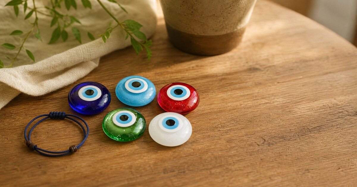 เครื่องราง Evil Eye แก้วห้าสี น้ำเงิน ฟ้า แดง เขียว และขาว วางบนโต๊ะไม้