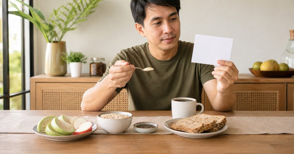ผู้ชายไทยเปรียบเทียบผงไฟเบอร์สำหรับกาแฟกับอาหารที่มีใยอาหารบนโต๊ะเช้า