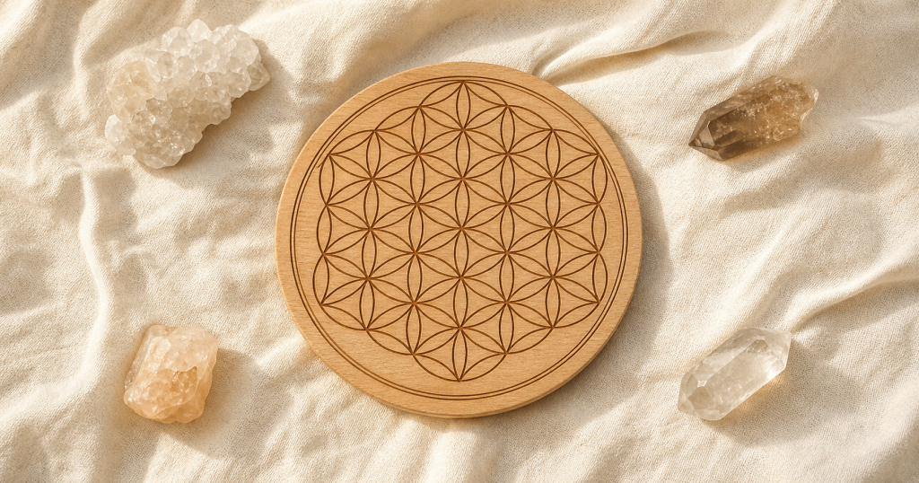 แผ่นไม้สลักลาย Flower of Life ดอกไม้แห่งชีวิต วางบนผ้าลินินสีครีมพร้อมหินคริสตัล