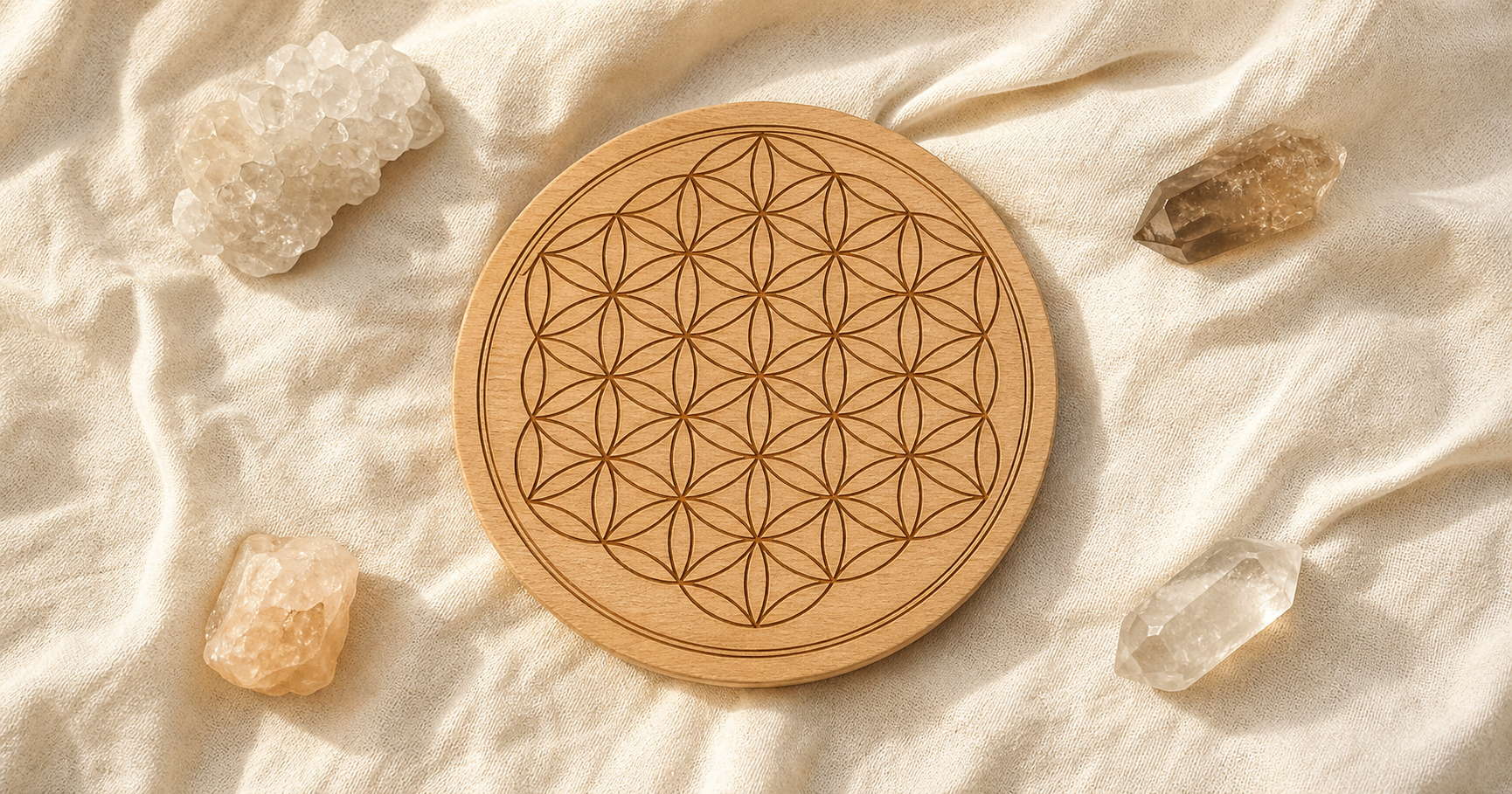 แผ่นไม้สลักลาย Flower of Life ดอกไม้แห่งชีวิต วางบนผ้าลินินสีครีมพร้อมหินคริสตัล