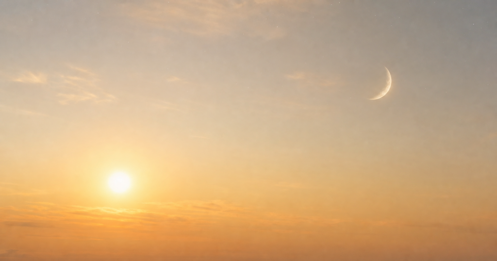 ดวงอาทิตย์และดวงจันทร์บนท้องฟ้ายามเช้า สื่อถึงราศีอาทิตย์และราศีจันทร์