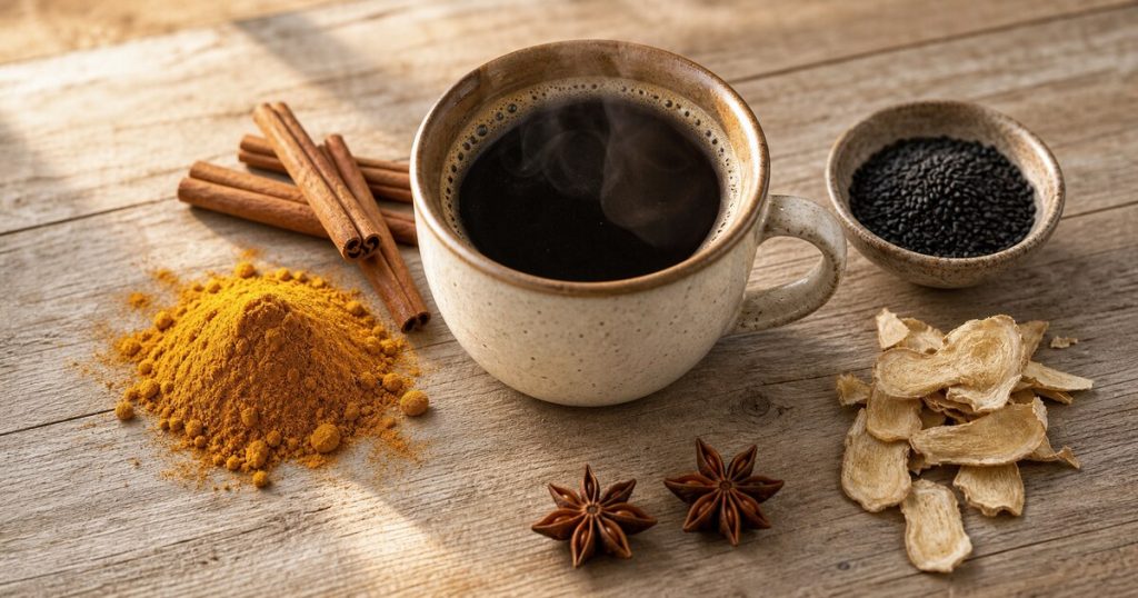 แก้วกาแฟร้อนวางบนโต๊ะไม้ ล้อมด้วยสมุนไพรและเครื่องเทศ ขมิ้น อบเชย งาดำ ขิง สื่อถึงกาแฟผสมสมุนไพรหลายแบบ