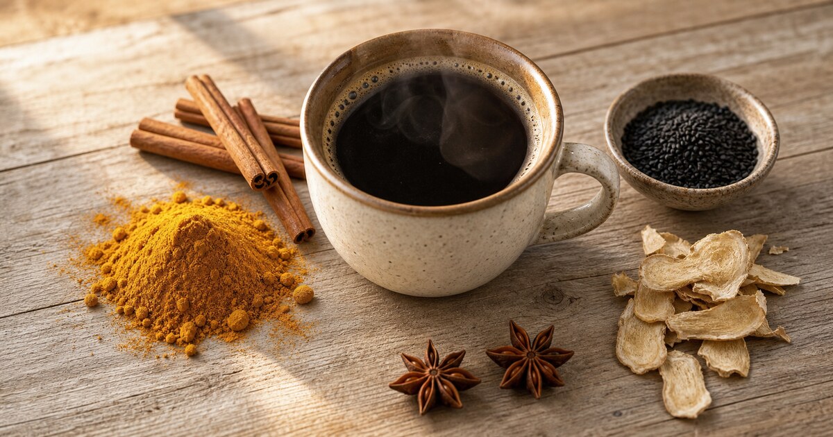 แก้วกาแฟร้อนวางบนโต๊ะไม้ ล้อมด้วยสมุนไพรและเครื่องเทศ ขมิ้น อบเชย งาดำ ขิง สื่อถึงกาแฟผสมสมุนไพรหลายแบบ