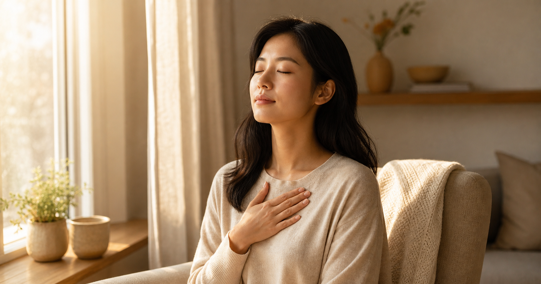 ผู้หญิงนั่งสงบริมหน้าต่างในแสงเช้าอุ่น ๆ กำลังฟังเสียงตัดสินใจภายในของตัวเอง