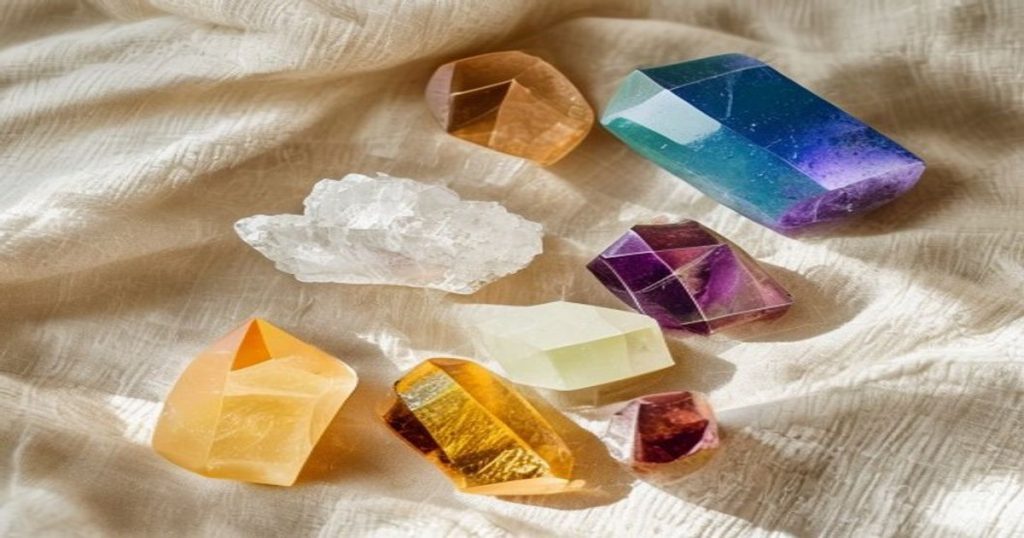 หินมงคลหลากสีตามวันเกิดทั้ง 7 วัน จัดวางบนผ้าลินินโทนอุ่น