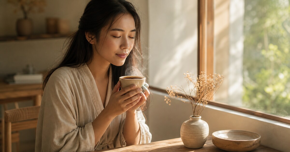 ผู้หญิงหลับตาประคองกาแฟแก้วเดียวด้วยสองมืออย่างมีสติ