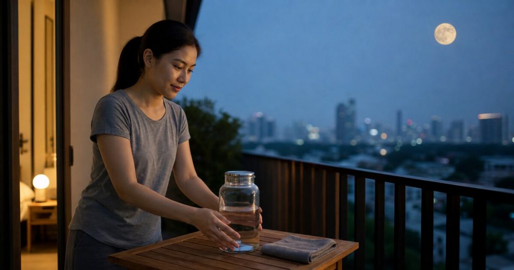 ผู้หญิงไทยวางขวดน้ำมีฝาปิดบนโต๊ะระเบียงในคืนพระจันทร์เต็มดวง
