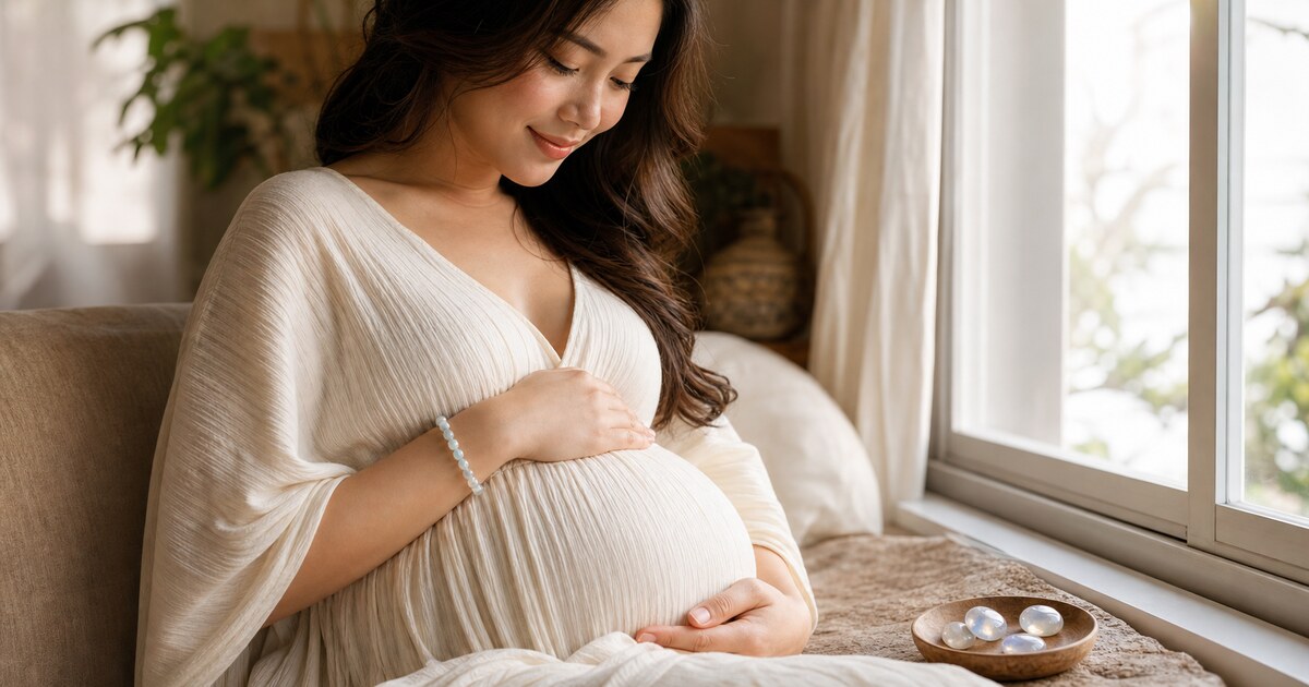 คุณแม่ตั้งครรภ์สวมกำไลมูนสโตน นั่งพักผ่อนริมหน้าต่างแสงอุ่น
