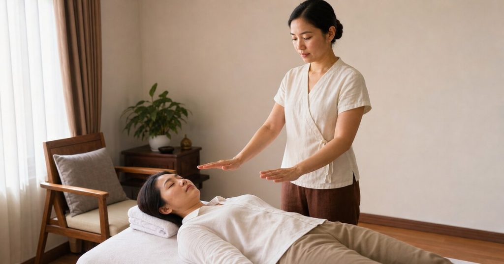 ผู้ให้บริการเรกิหญิงไทยวางมือเหนือผู้รับบริการที่นอนผ่อนคลายในสตูดิโอ