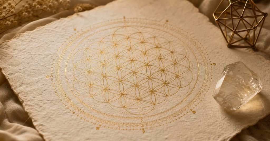 ลวดลายเรขาคณิตศักดิ์สิทธิ์ Flower of Life สีทองบนพื้นครีมอบอุ่น