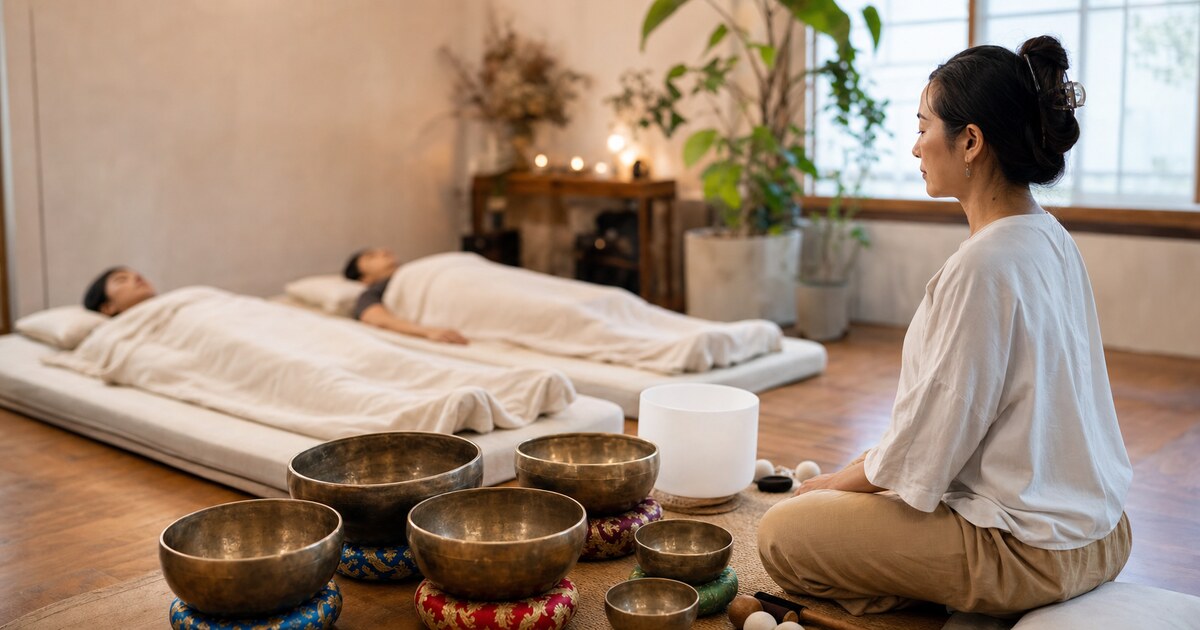 บรรยากาศเซสชัน Sound Healing จริงในสตูดิโอ มีขันทิเบตและผู้เข้าร่วมนอนพักผ่อน