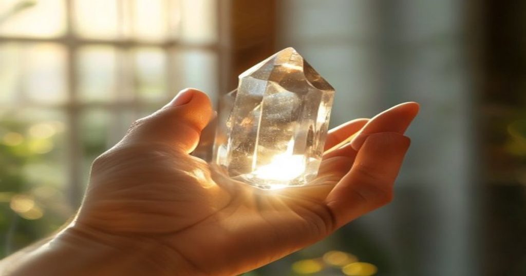 มือถือหินคริสตัลใสส่องดูตำหนิธรรมชาติในแสงธรรมชาติ