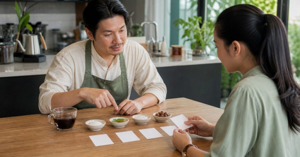 ผู้เชี่ยวชาญร้านกาแฟอธิบายตัวอย่างน้ำตาลและสารให้ความหวานหลายชนิดแก่ลูกค้า