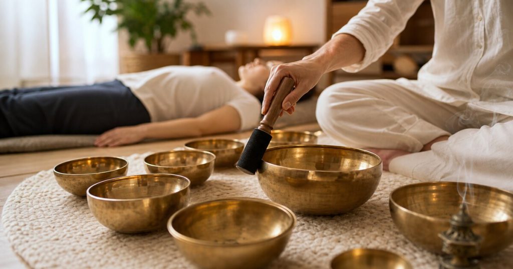 ขันทิเบตหลายใบในเซสชันเสียงบำบัดแสงอุ่น