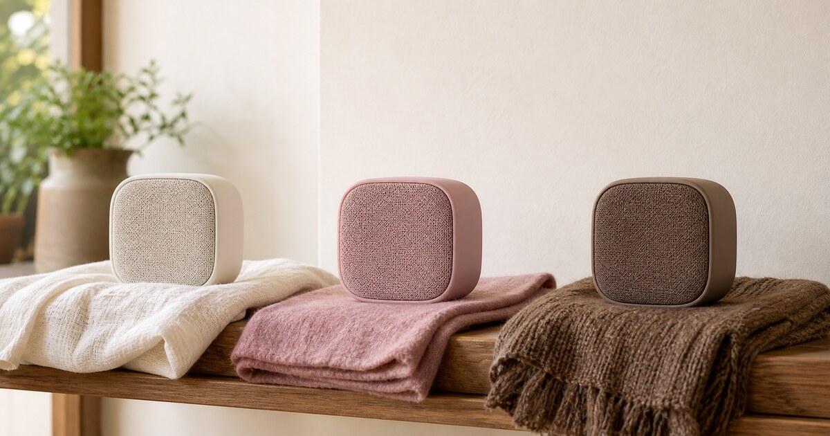 ลำโพงสามตัวบนผ้าสีขาว ชมพู และน้ำตาล สื่อถึง White Pink และ Brown Noise