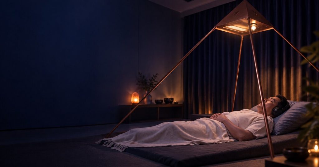 ผู้เข้าร่วมพักผ่อนใน Luminara Pyramid ช่วงเย็น