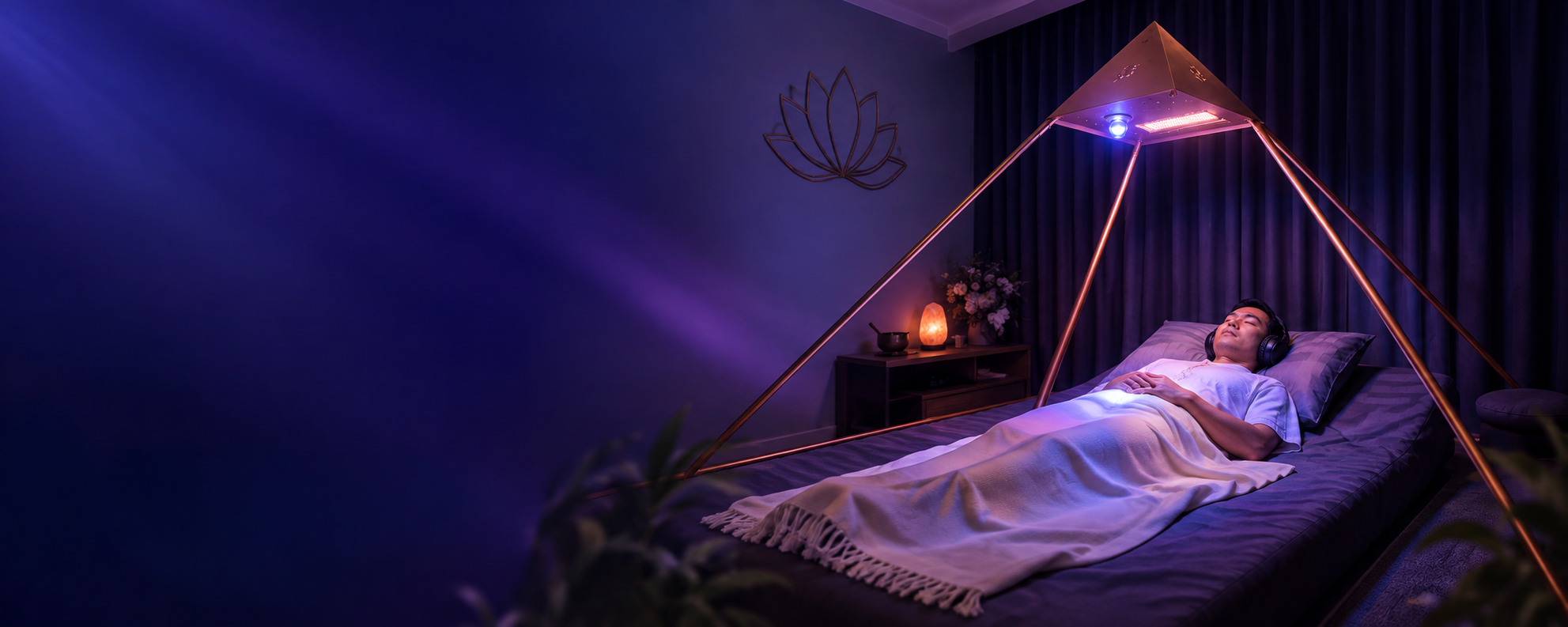 ผู้รับบริการนอนพักใต้ Luminara Pyramid ในห้องแสง indigo