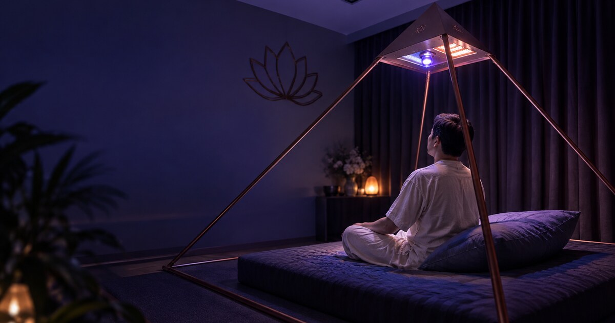 ผู้เข้าร่วมพักผ่อนใน Luminara Pyramid ภายใต้แสงสีคราม